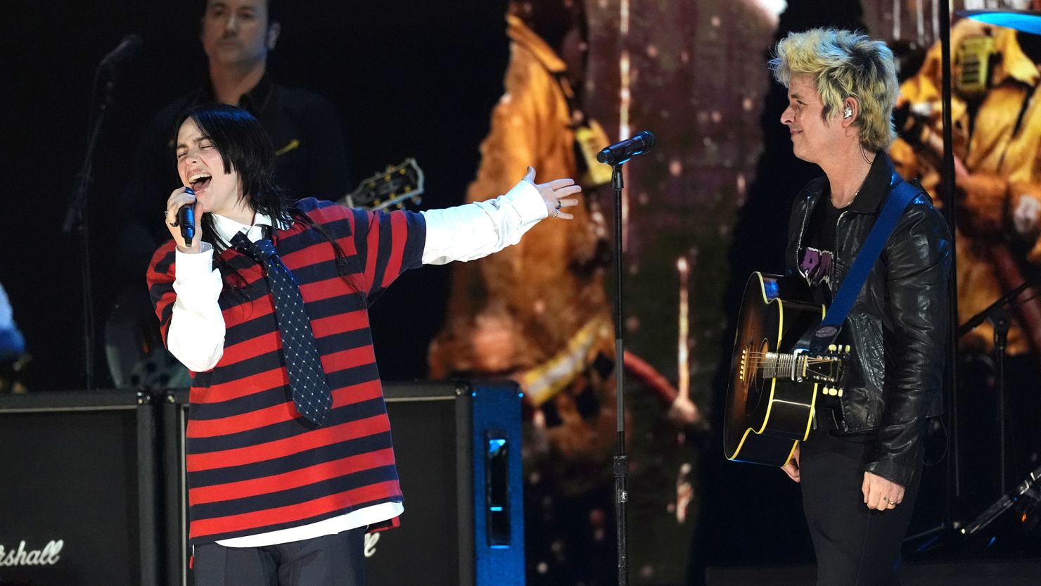 Billie Eilish, left, performs with Billie Joe Armstrong of Green Day during the FireAid benefit concert at The Forum in Inglewood, California, on Thursday.